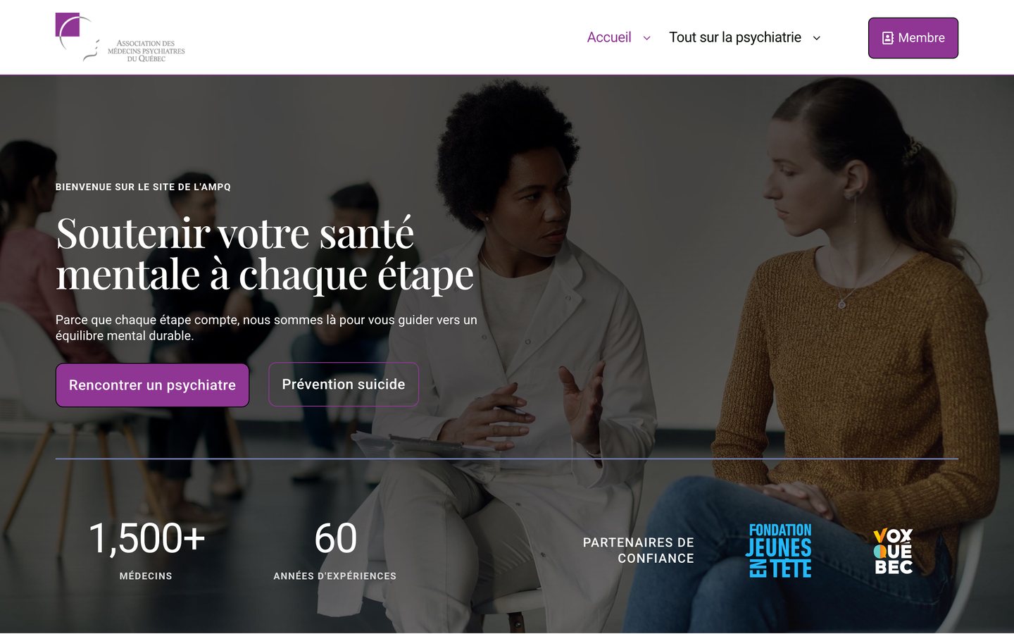 Page d'accueil d'ampq.org, le site de l'Association des médecins psychiatres du Québec