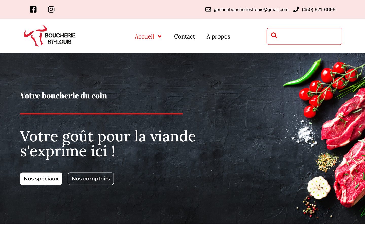 Page d'accueil de boucheriest-louis.com, le site de la Boucherie St-Louis