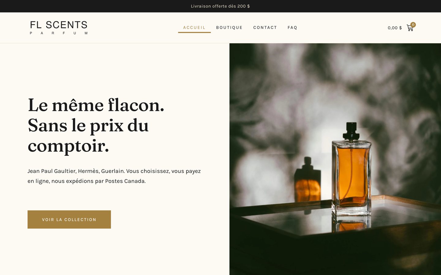 Page d'accueil de flscents.ca, la boutique de parfums Fl.scents