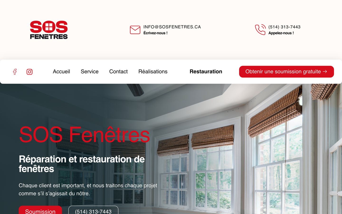 Page d'accueil de sosfenetres.ca, le site de SOS Fenêtres, réparation et restauration de fenêtres