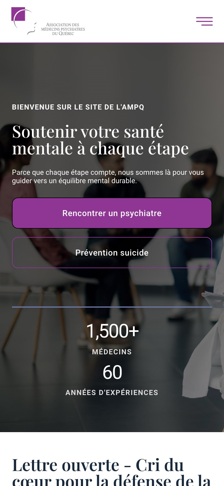 Page d'accueil d'ampq.org au téléphone, l'Association des médecins psychiatres du Québec