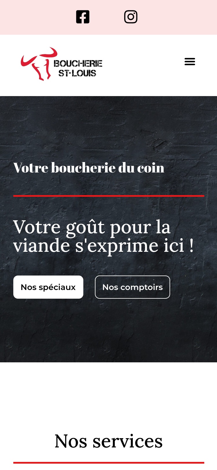 Page d'accueil de boucheriest-louis.com au téléphone, les spéciaux et les comptoirs de la boucherie